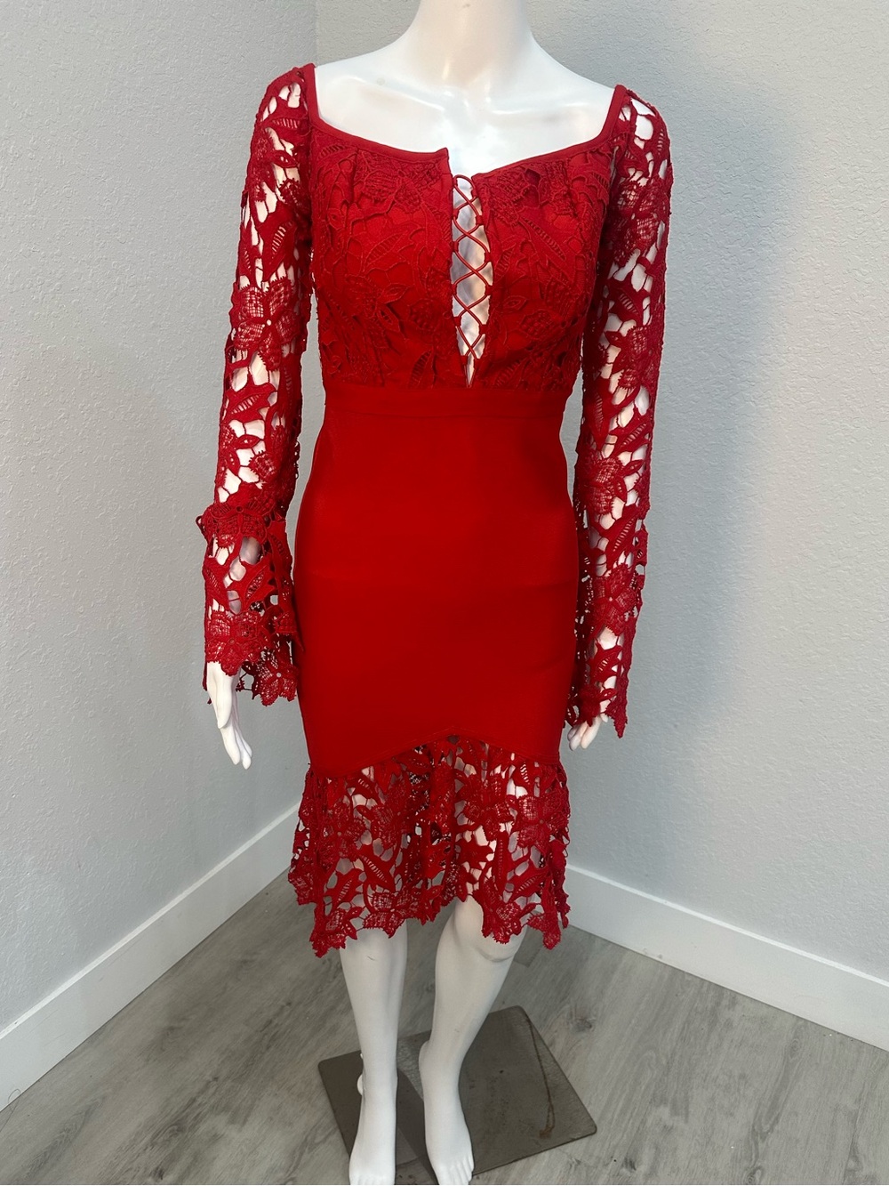 Alexander McQueen Red Lace Fitted dress